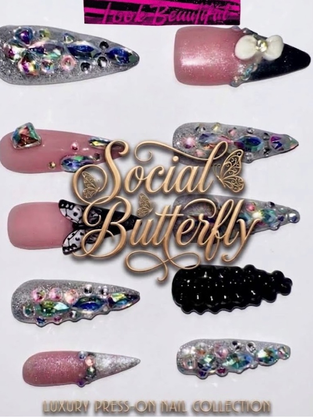Look Beautiful Luxury Rhinestone Stiletto nails Reusable Social Butterfly 🦋